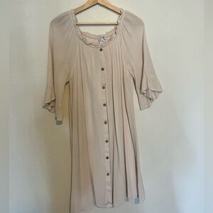 Cream Button-Down Dress with Ruffle Sleeves